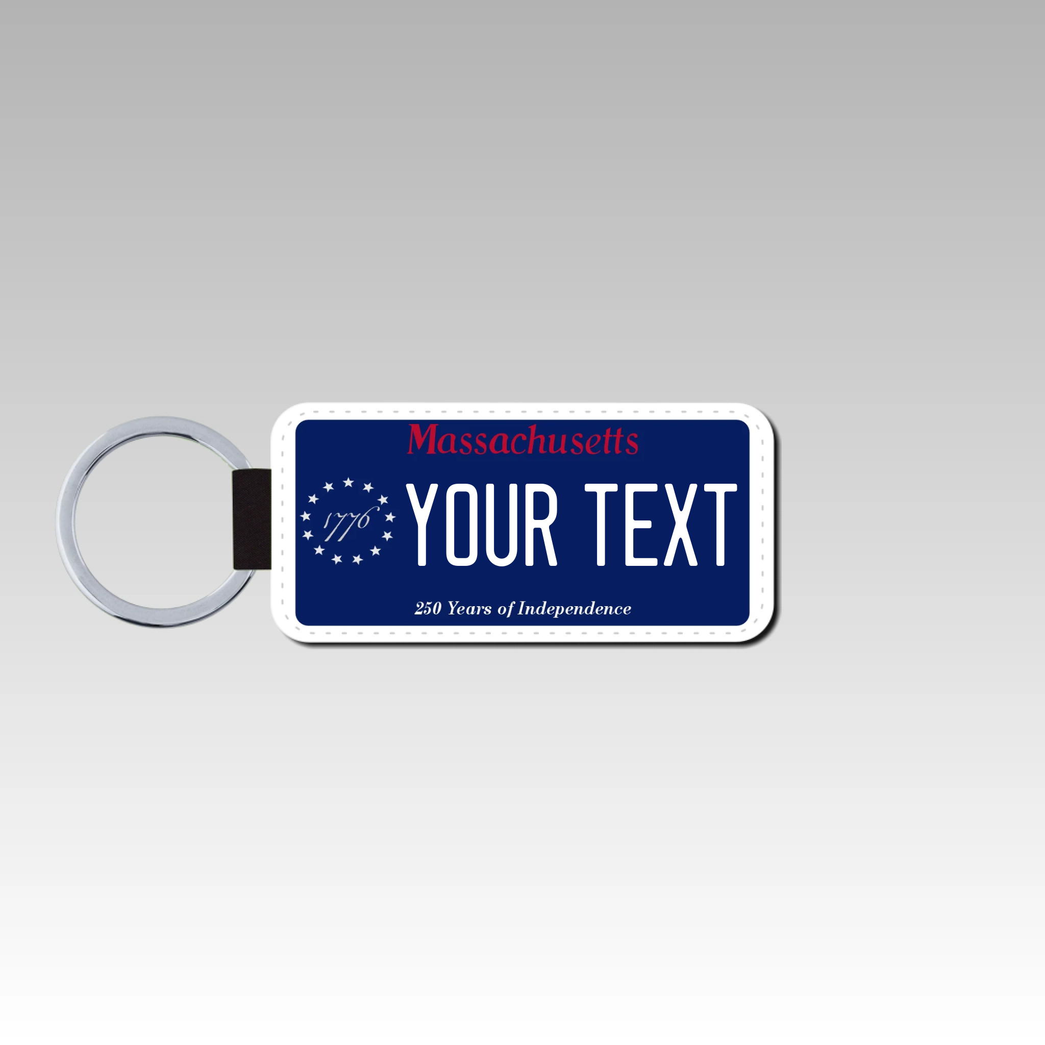 Personalized Massachusetts 1.5" X 3" Faux Leather License Plate Key Ring 250 Years of Independence Ver 2