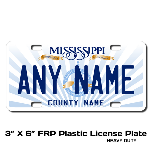 Personalized Mississippi 3" X 6" FRP Plastic License Plate (KLP-MS2-3X6P)