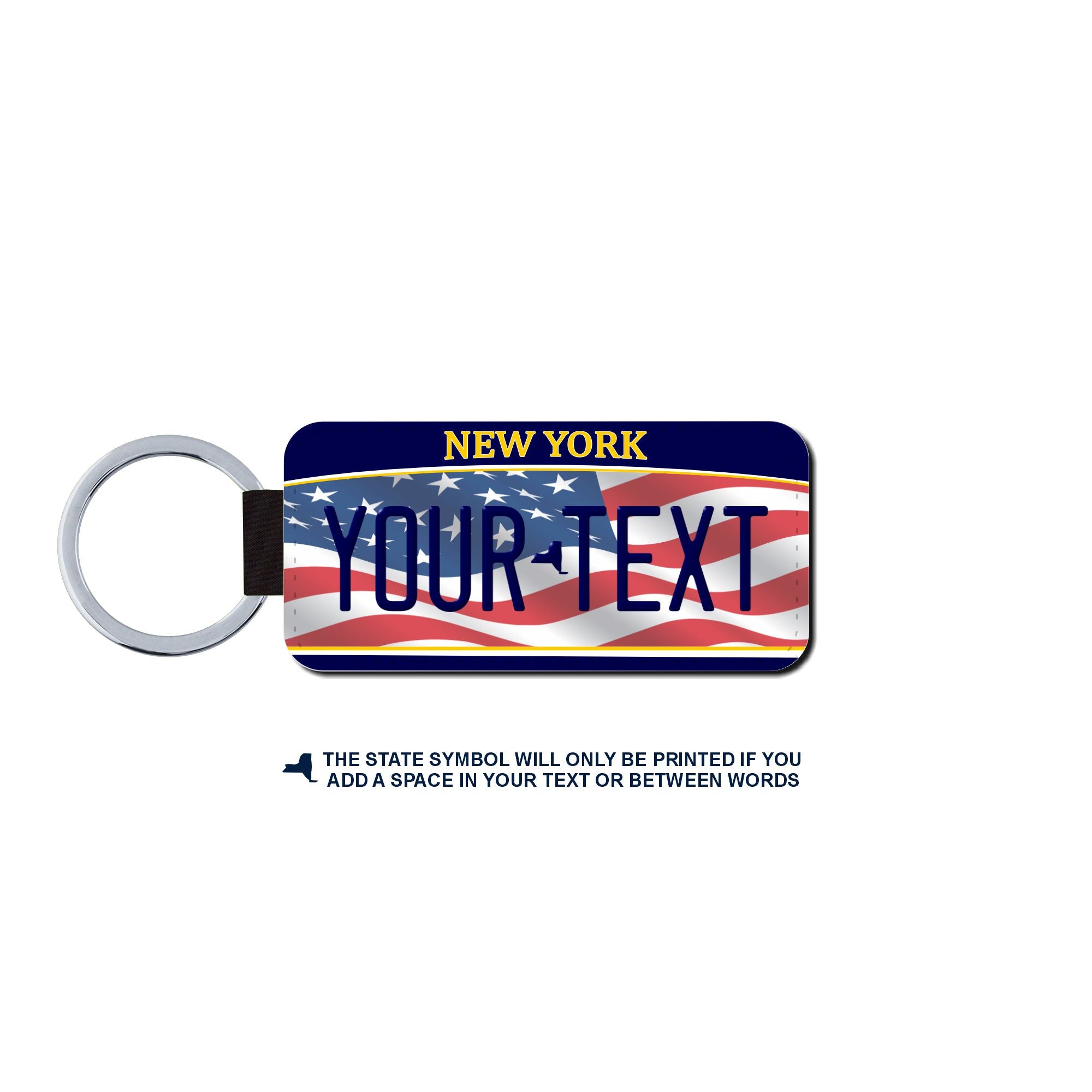 Personalized New York 1.5" X 3" Faux Leather License Plate Key Ring Version 6 American Flag