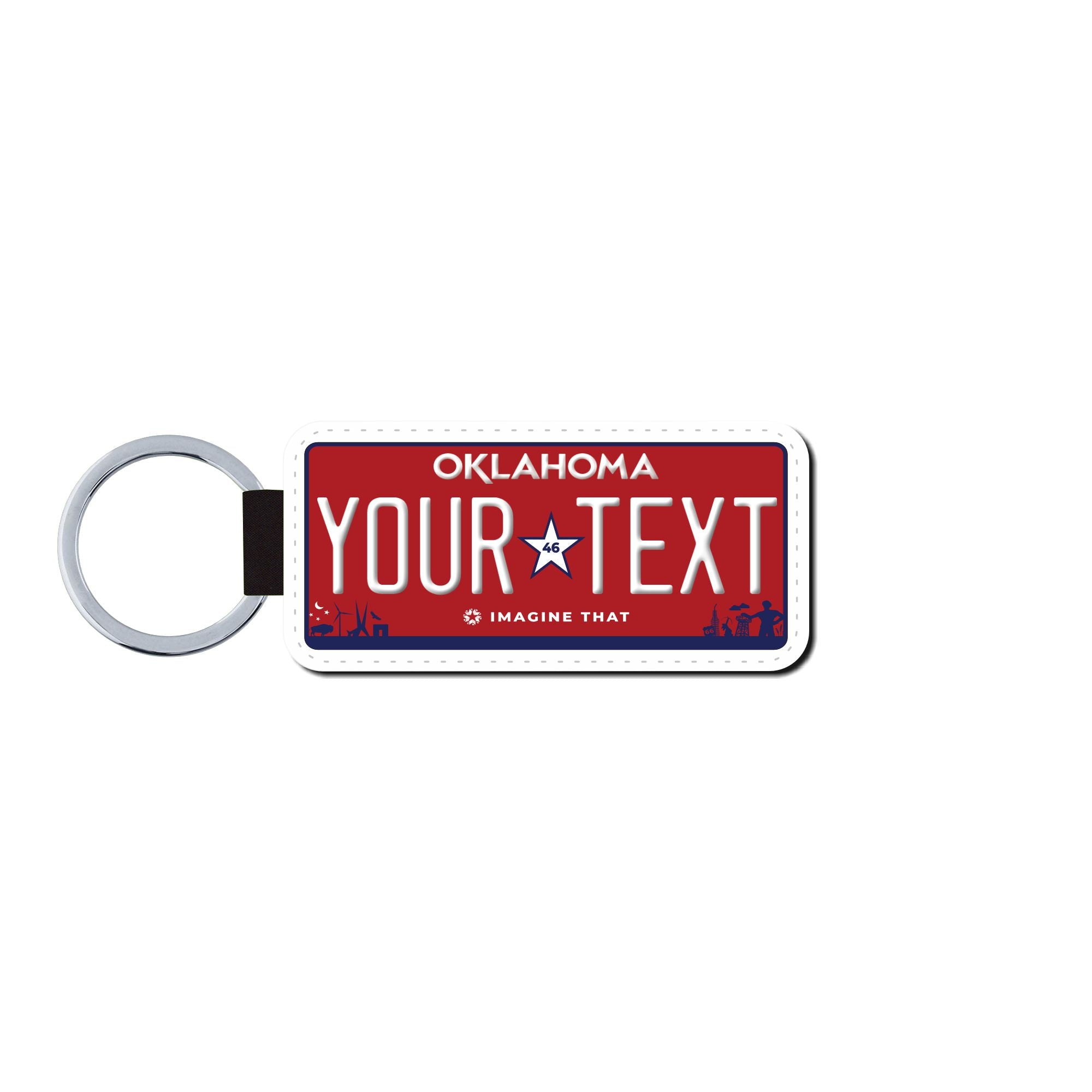 Personalized Oklahoma 1.5" X 3" Vegan Leather License Plate Key Ring New Red