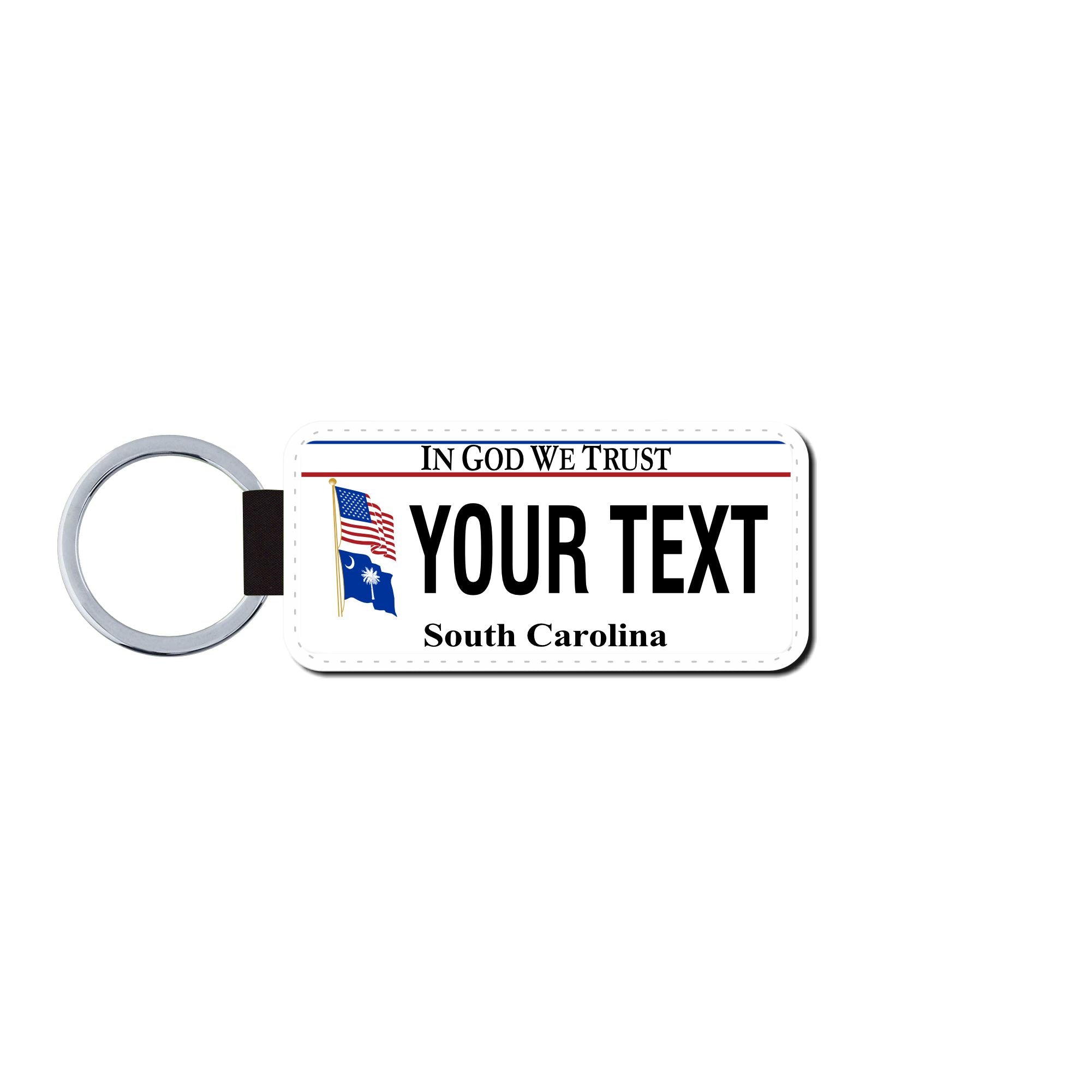 Personalized South Carolina 1.5" X 3" Faux Leather License Plate Key Ring Version 5 In God We Trust