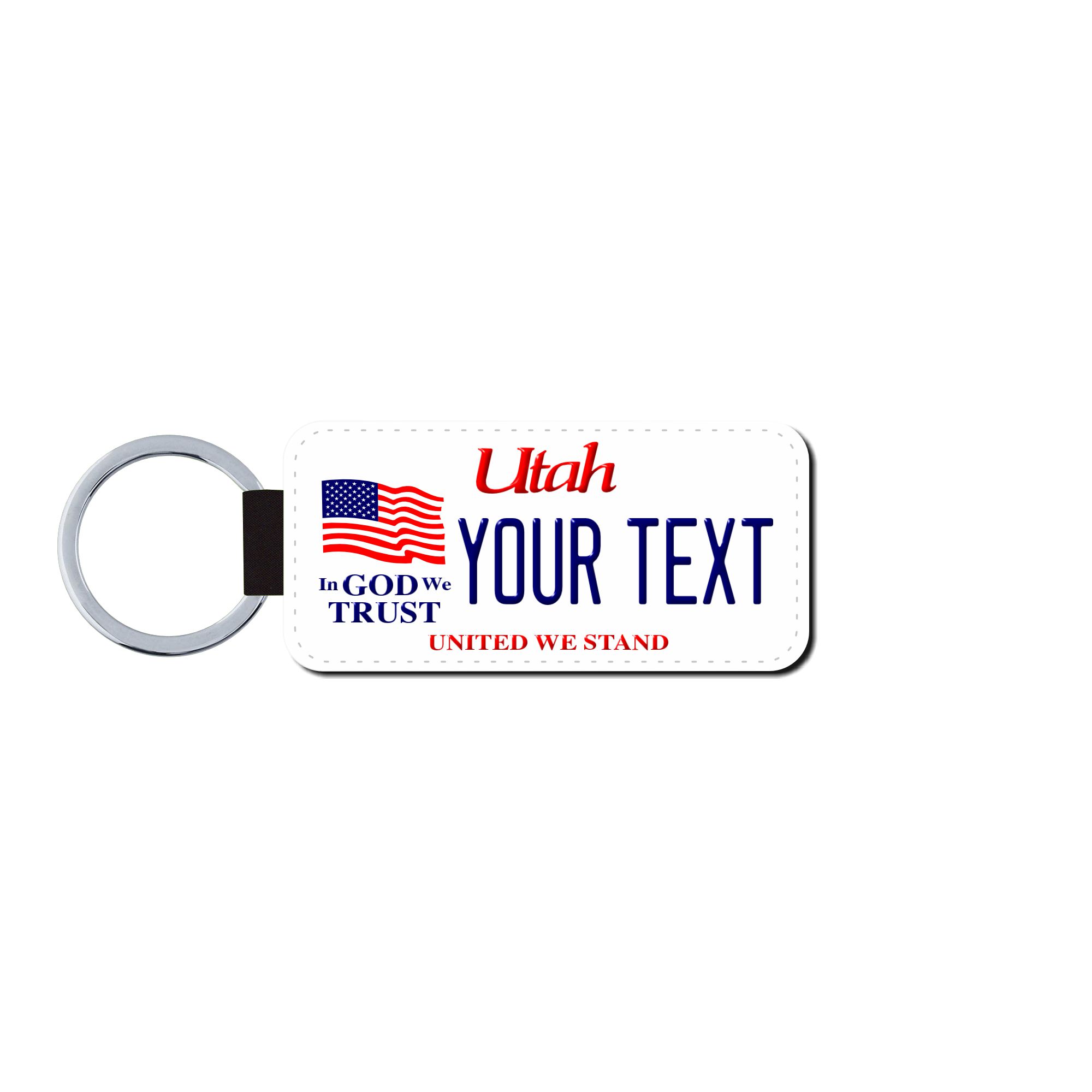 Personalized Utah 1.5" X 3" Faux Leather License Plate Key Ring Version 3 In God We Trust