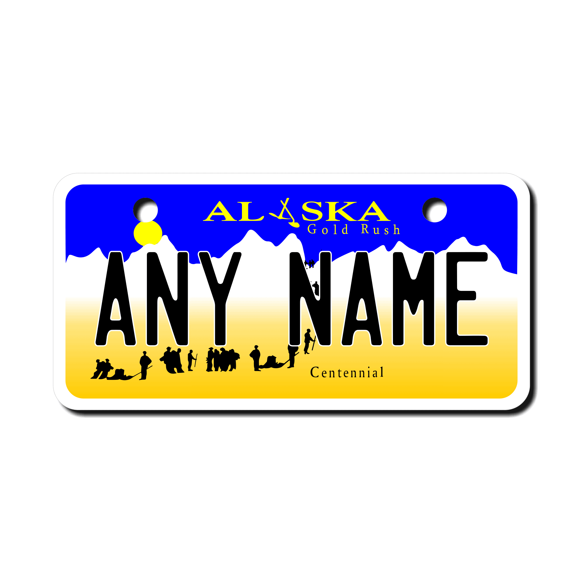 Custom Alaska license plates mini with a yellow and blue design featuring mountains and customizable text