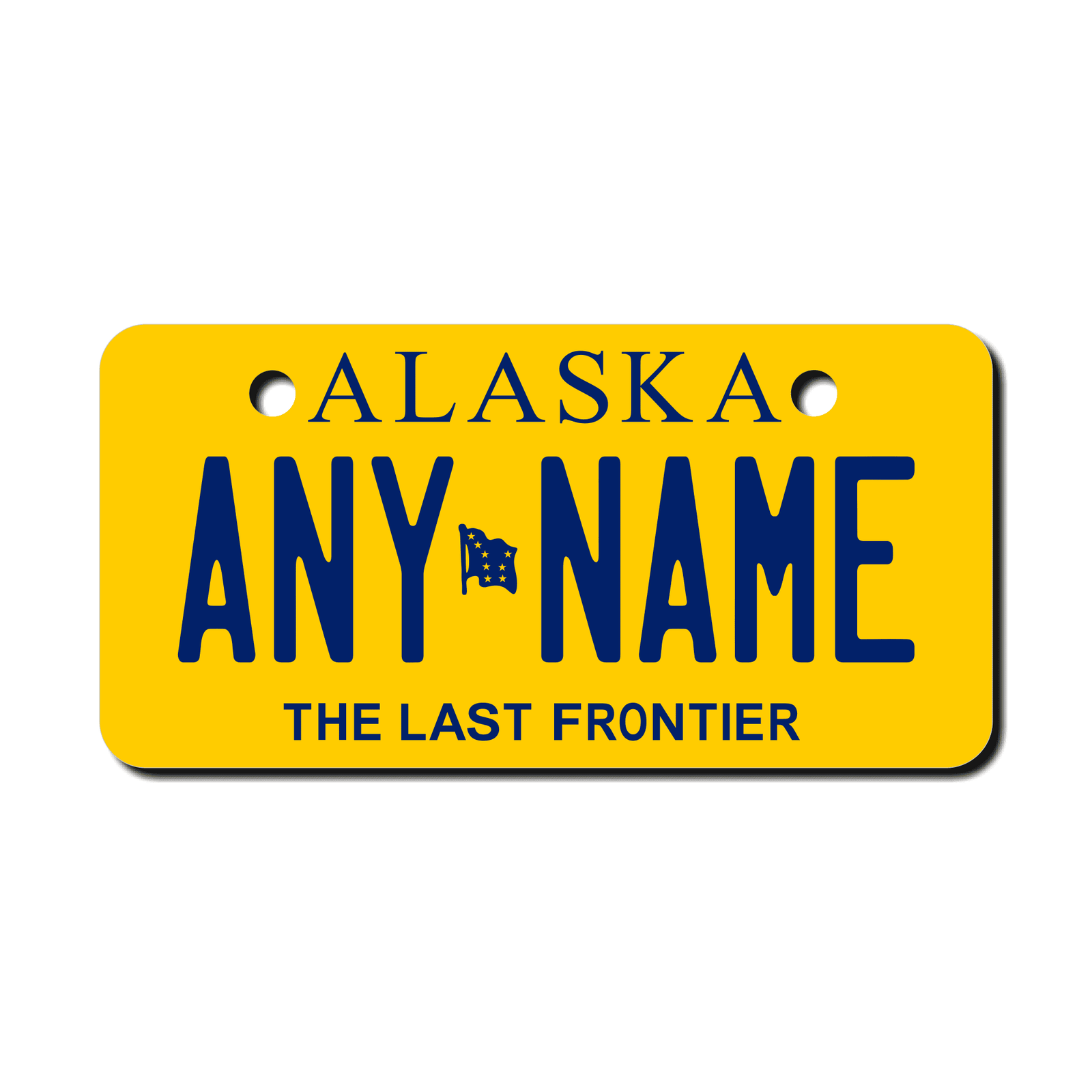 Custom Alaska license plate 2x4 mini with vibrant yellow background and the text Any Name