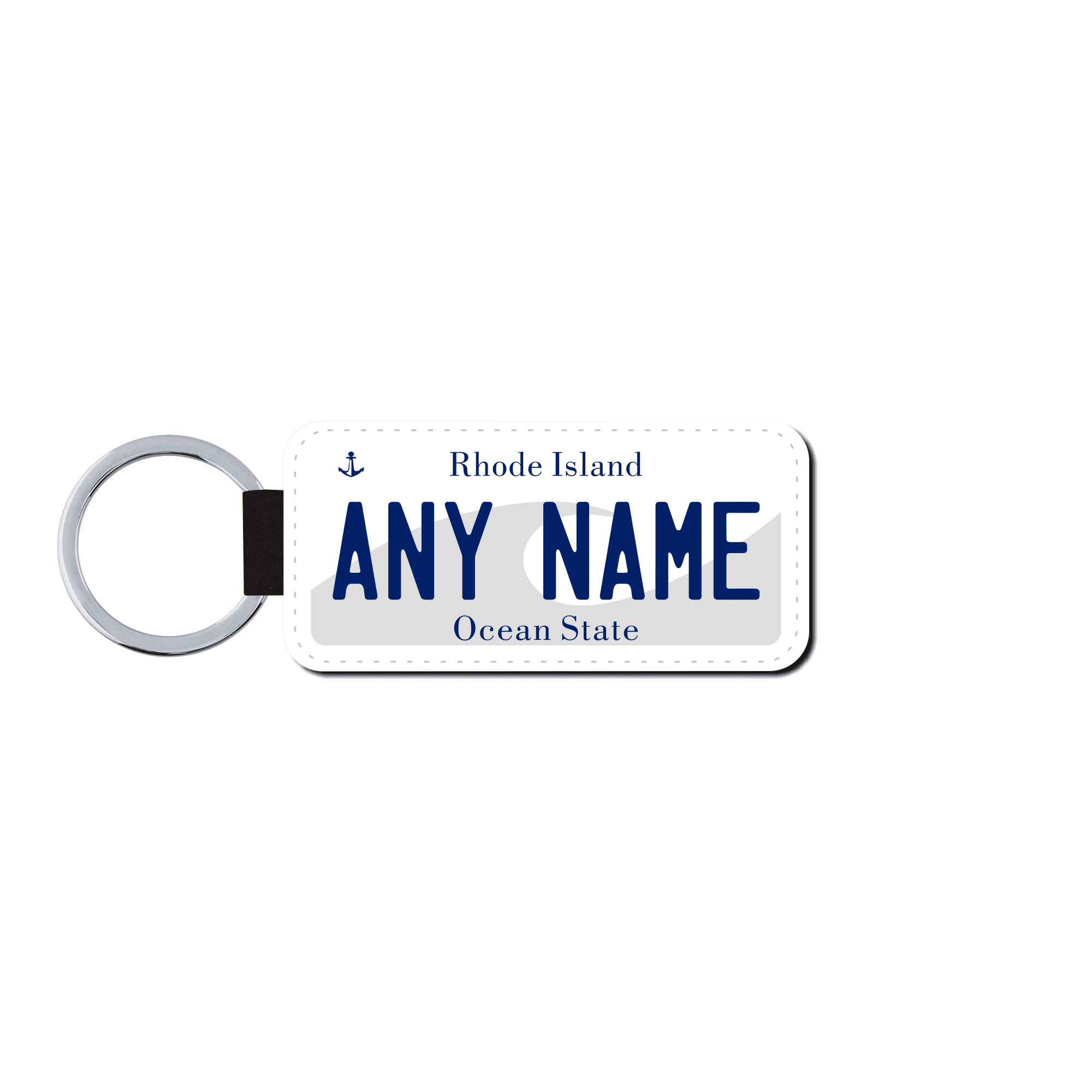 Personalized Rhode Island 1.5" X 3" Faux Leather License Plate Key Ring Version 1